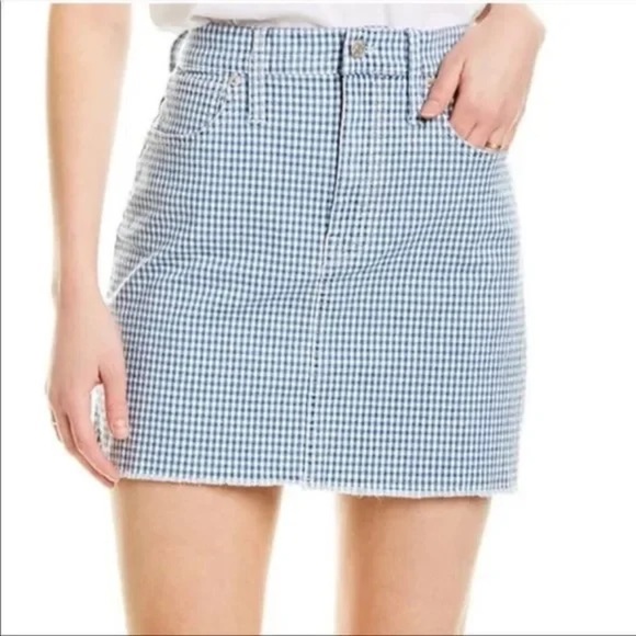 Madewell Stretch Denim Blue Check Straight Mini Skirt Fray Hem 26 - Picture 1 of 12